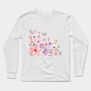 Watercolor Flower Border | Butterfflies Long Sleeve T-Shirt